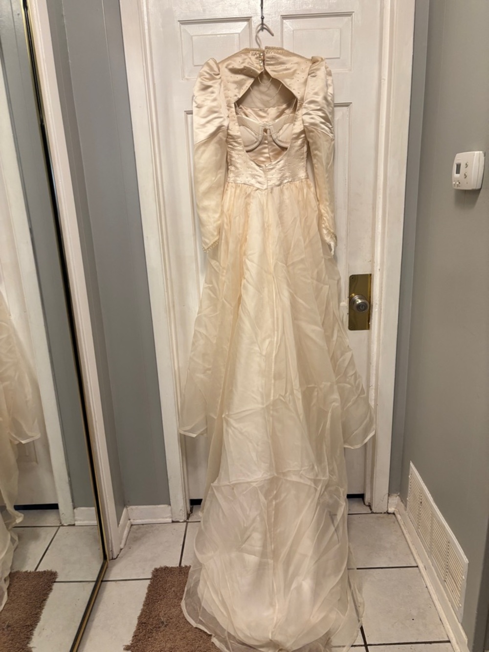 Ivory Satin & Organza Long Sleeve A-Line Gown